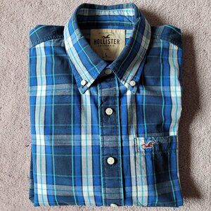 Hollister Men's Blue Green Plaid Long Sleeves Button Down Shirt Large